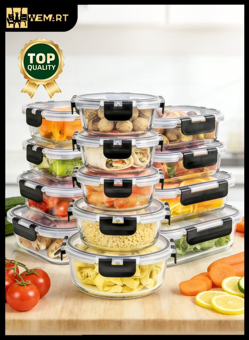 WEMART 12-Piece Glass Food Storage Containers with Airtight Lids, Glass Meal Prep Containers for Kitchen Storage, Leak-Proof & BPA-Free, Microwave, Oven, Freezer and Dishwasher Safe, Black - Image 1